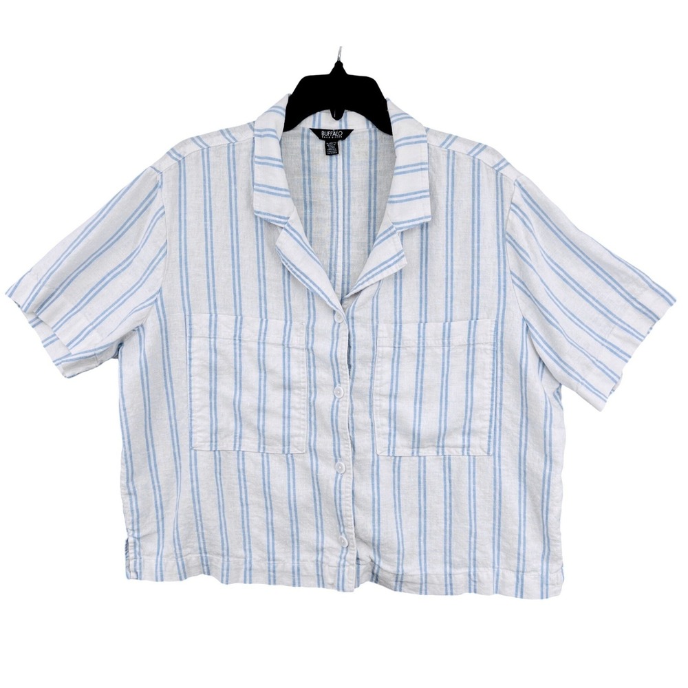Buffalo‎ David Bitton Blue White Striped Linen Crop Shirt Size XL Coastal Beachy